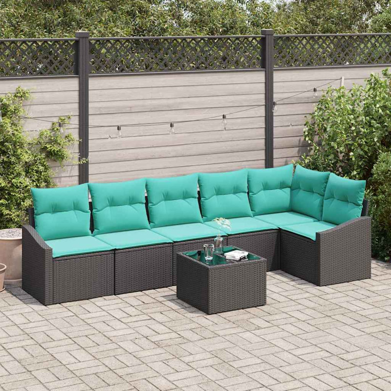 Ensemble de canapé de jardin vidaXL 7 pièces en rotin de polyester noir et turquoise