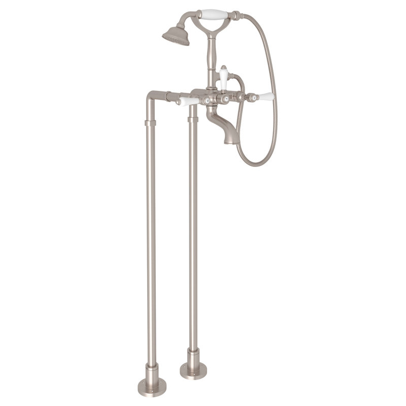 Acqui Floor Mount Tub Filler, Polished Nickel, Porcelain Lever Handle