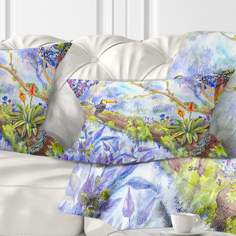Coussin Jungle with Bird Toucan on Tree, 12 po x 20 po, Rectangulaire