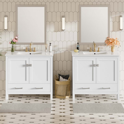 Meuble-lavabo 72 po avec lavabo en céramique, portes à fermeture en douceur, tablettes de rangement doubles et tiroir divisé - Armoire de salle de bain moderne avec beaucoup de rangement