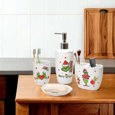 4 Piece Christmas Bathroom Accessories Set, Lotion Dispenser, Toothbrush Holder, Soap Dish & Cup Ceramic Holiday Decor