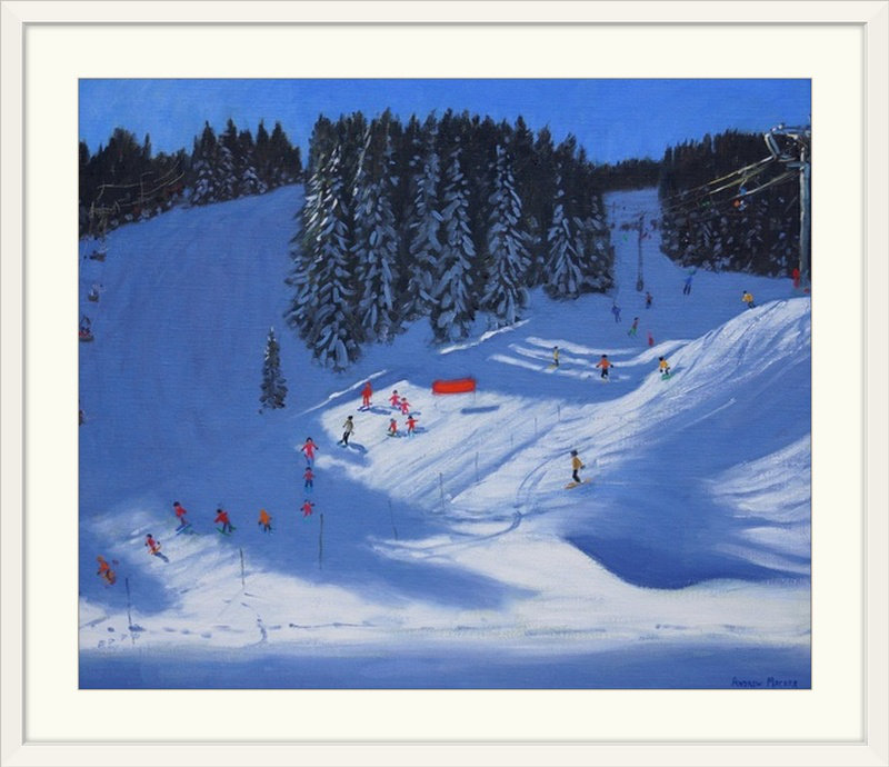 «Ski School Morzine» par Gonzalez, reproduction d'art, H 32 po x l 38 po x P 1 po, Cadre blanc