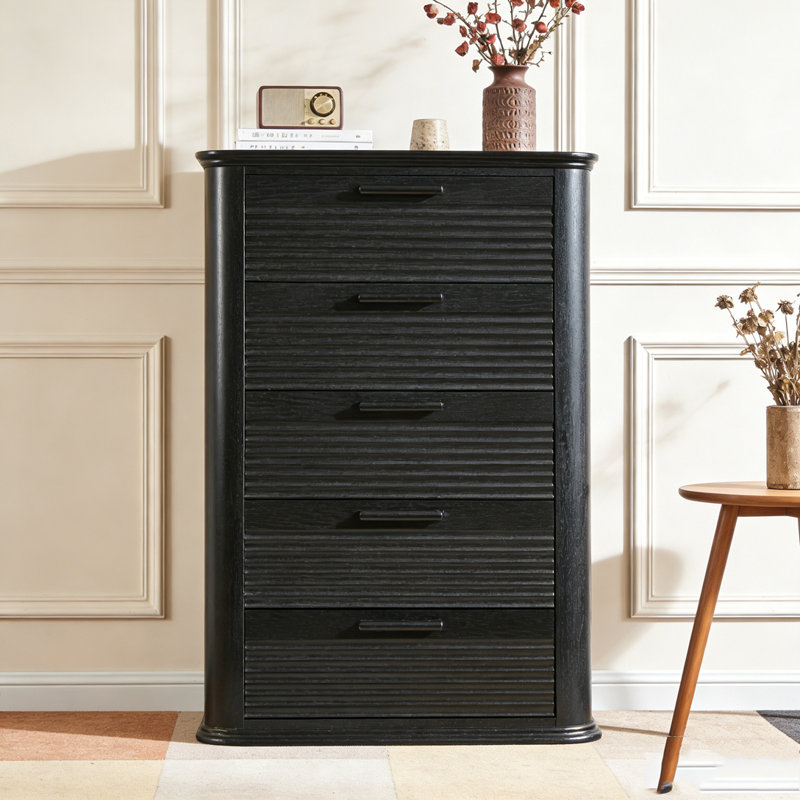 5 Drawers Dresser for Bedroom, 45" Tall Dresser with Curved Profile Design, Black Woodgrain