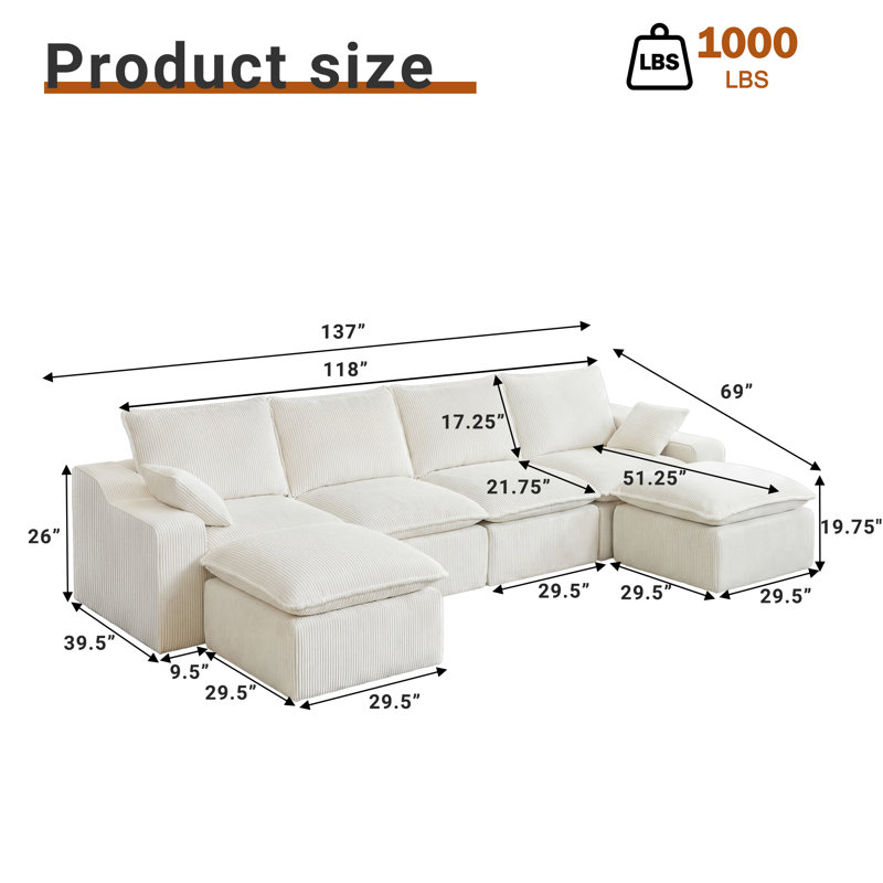 Canapé modulaire en forme de U 137 po. Canapé modulaire en velours côtelé beige pour salon, canapé 6 places Cloud, coussin de siège profond