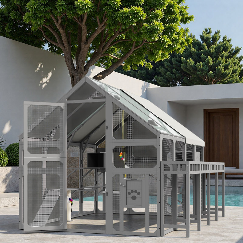 Grande maison pour chat d'extérieur avec support à fleurs, boîtes de repos, pont suspendu, plateformes et toit imperméable