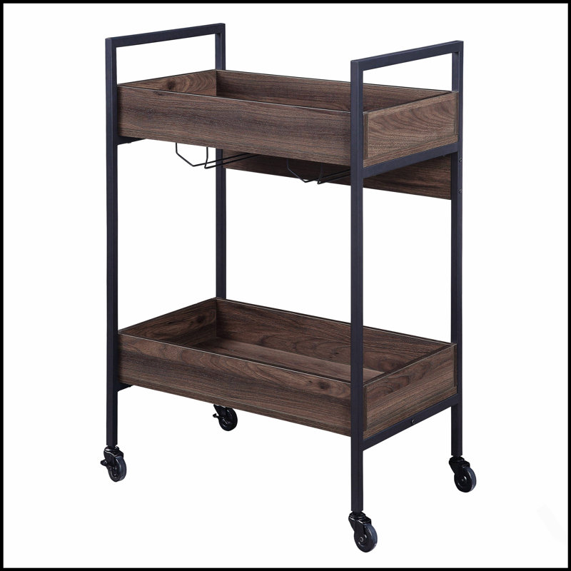 Chariot de service en noyer et noir avec 2 tablettes, plateau en mélamine durable pour une réception élégante et fonctionnelle