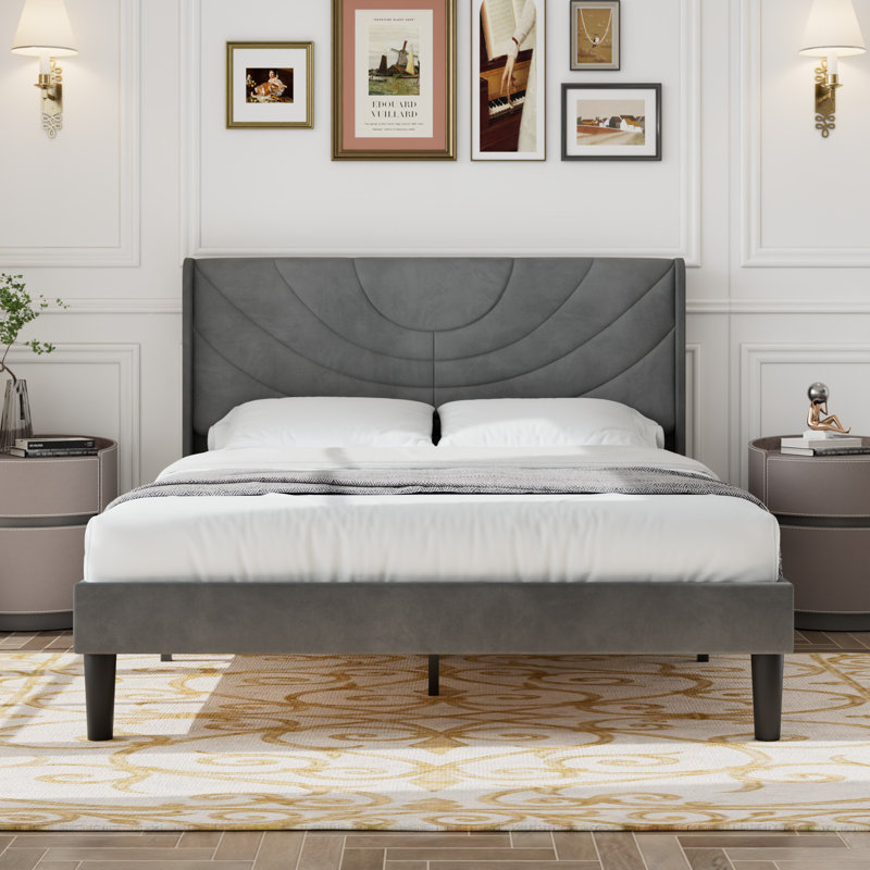 Full Size Velvet Bed Frame with Wingback Headboard, Upholstered Platform Bed with Wing Side Channel Tufted Headboard, Solid Wooden Slats Support, No Box Spring Needed, Noise Free, Dark Grey