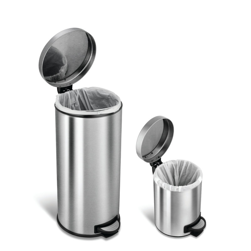 Silver Stainless Steel Round Pedal Trash Can Set