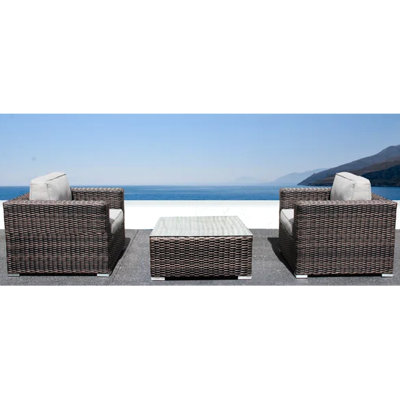 3 Outdoor Seating With . 2 Club Chairs And Coffee Table. Tempered Glass Tabletop. Powder-Coated Aluminum Frame. All-Weather Foam-Filled Cushions In Different Colors. Stylish Patio Furniture. Water-.