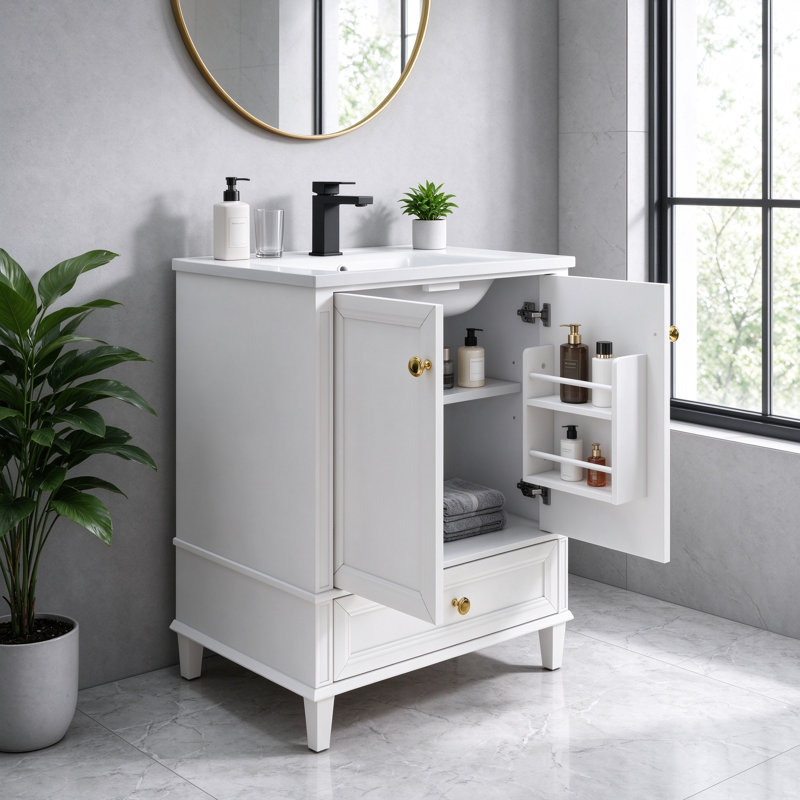 Lavabo de salle de bain moderne autoportant 27,8 po Mid-Century avec tiroir, tablettes de rangement cachées et pieds renforcés