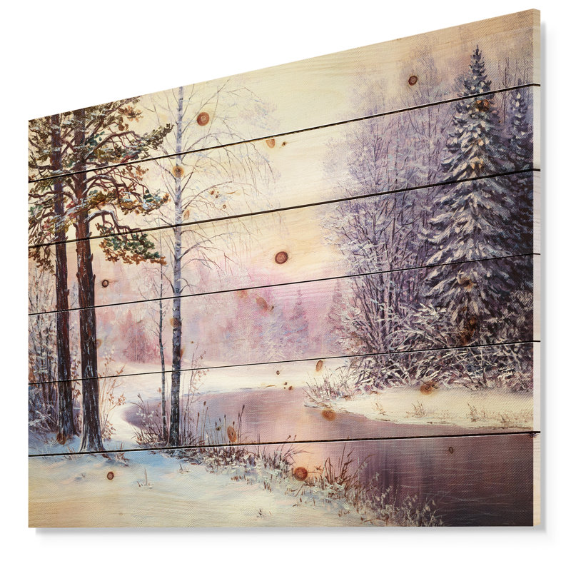 «River in Winter Landscape», peinture, H 46 po x l 36 po x P 1,5 po, Bois