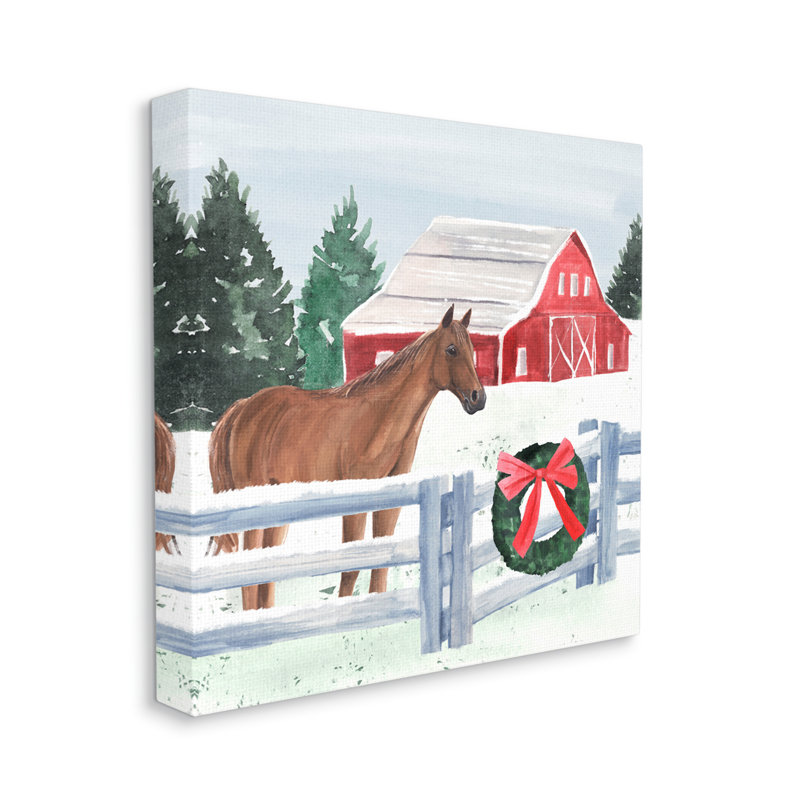 Charmant cheval de grange enneigé rouge debout, scène d'hiver encadrée en noir, art texturé par Annie Warren, Toile tendue