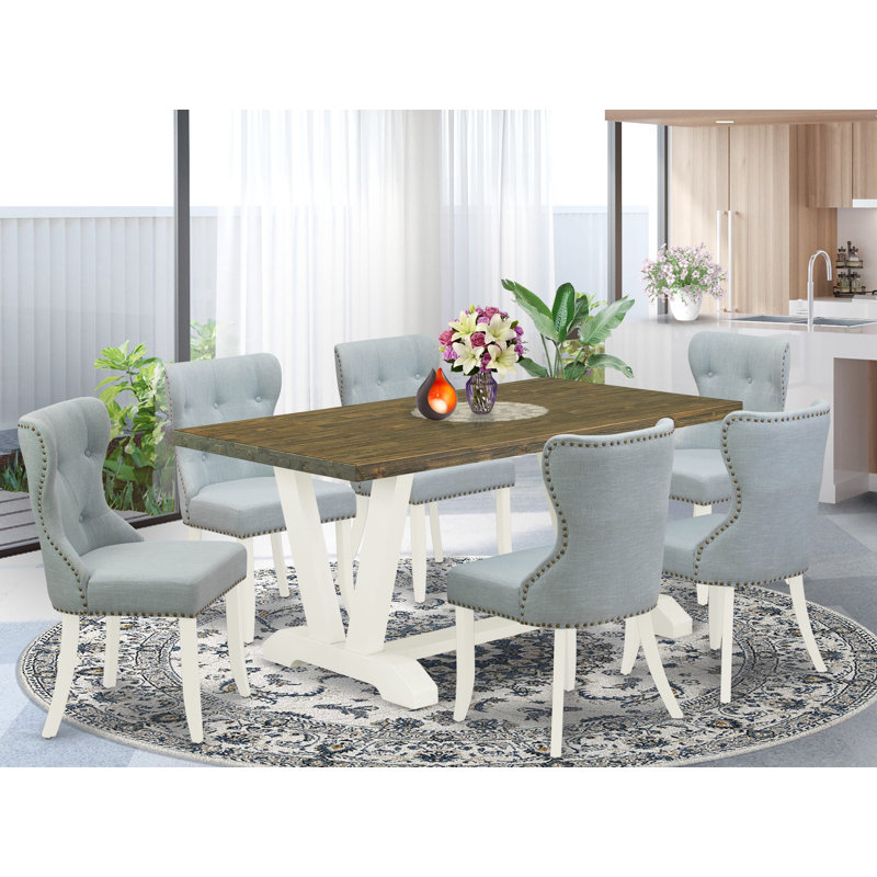 Ensemble de salle à manger en bois d'acacia massif, Jacobin patiné, H 30 po x L 60 po x l 36 po, 7 pièces : table, 6 chaises