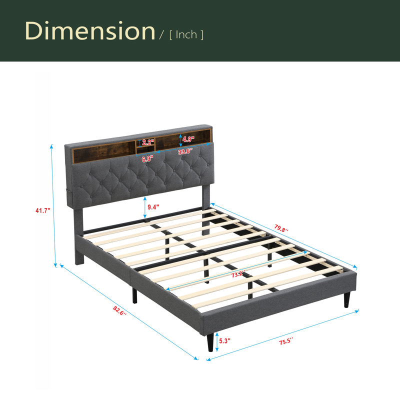 Structure de lit plateforme tapissier avec tête de lit moderne en tissu capitonné, ports USB, station de charge pratique, deux poches latérales, pas besoin de sommier