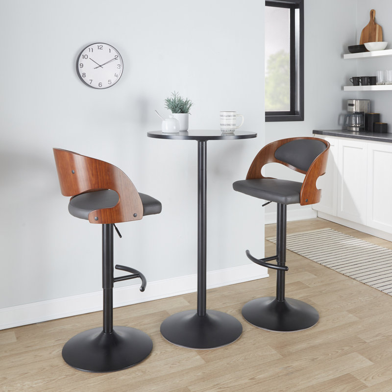 Tabouret de bar réglable Phoebe avec repose-pieds arrondi en forme de T (paquet de 2), Noir / Acajou, Gris