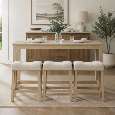 Ensemble de table de bar 4 pièces avec prise électrique, table de bar avec 3 tabourets rembourrés, table d'appoint derrière le canapé, pour salon et salle à manger