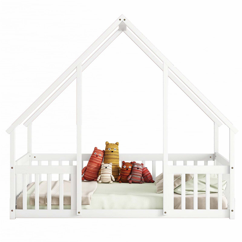 House-Shaped Floor Bed with Fence, Guardrails, White, Full