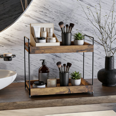 2-Tier Wood Bathroom Counter Organizer, Rustic Brown Countertop Spice Or Makeup Shelf