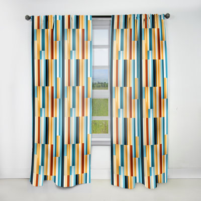 Yellow And Blue Striped Lines Cube Pattern - Modern Curtain - Velvet Room Darkening - 1 panel
