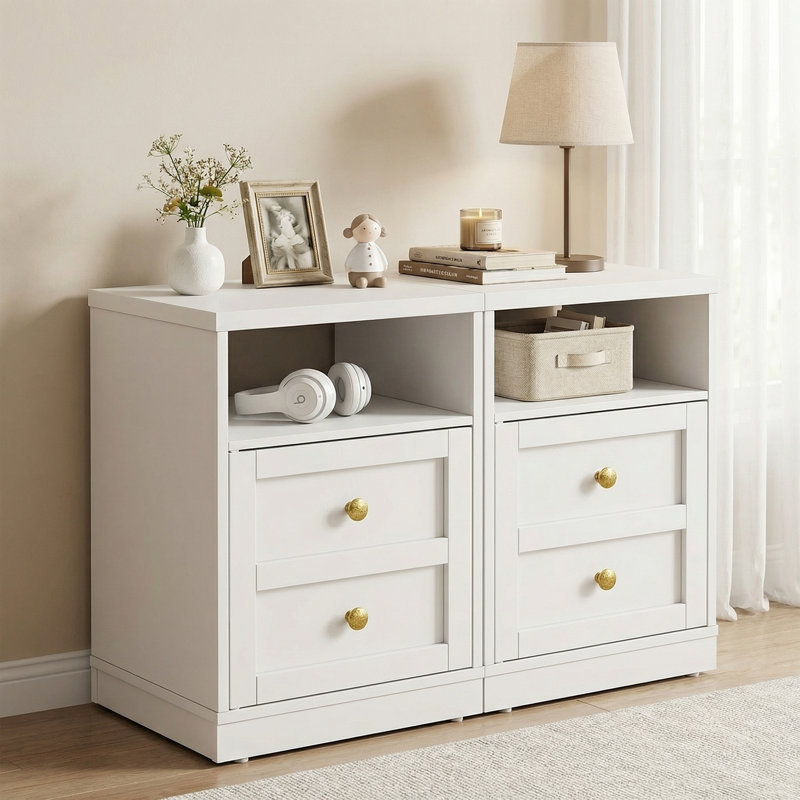 Table de chevet moderne avec porte et tablette ouverte, ensemble de 2, Blanc