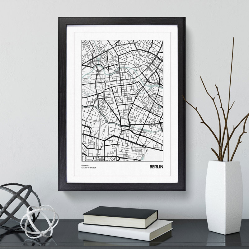 Map Berlin Germany - Picture Frame Graphic Art, 36cm H x 27cm W x 2cm D, Black Framed