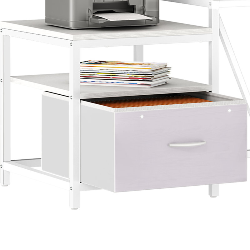 78.7'' Reversible L Shaped Desk with Power Outlets, LED Lights & Drawer Bookshelf, White