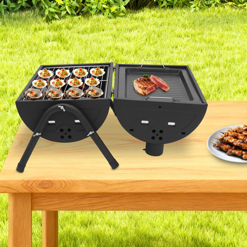 Ensemble de barbecue au charbon 3 en 1 - comprend des filets de barbecue et une poêle à frire, portatif pour barbecue, camping, patio avec cendrier amovible pour un nettoyage facile