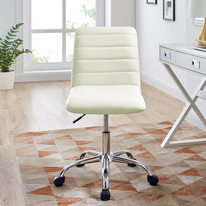 Cream Channel Tufted Armless Swivel Office Chair with Metal Base