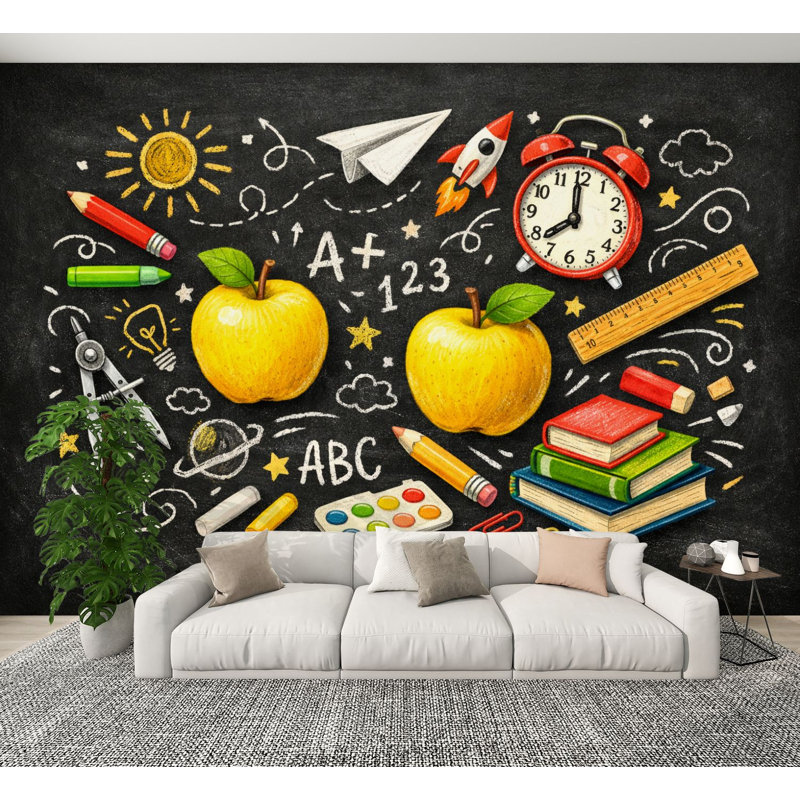 Papier peint adhésif pour enfants Kids apprenant la rentrée scolaire Tableau Pommes Livres Crayons Horloge Éléments d'apprentissage Murales murales H 100 po x l 144 po Décoration murale auto-adhésive amovible en PVC pour chambre d'enfant