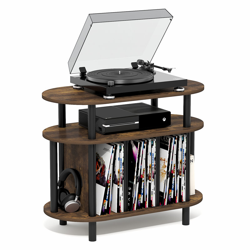 Support pour platine vinyle JAYA avec rangement intégré, pouvant contenir jusqu'à 180 à 185 disques vinyles, idéal pour le salon ou la chambre, couleur pin ambré.