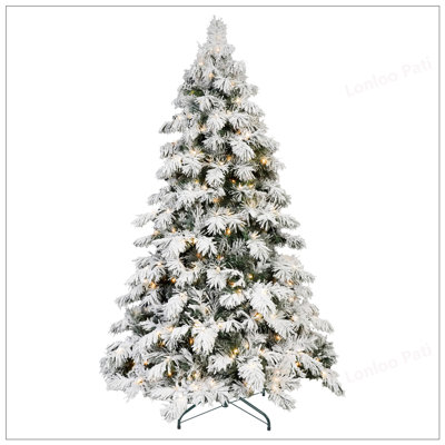 Arbre de Noël floqué en PE et PVC avec 1250 lumières DEL blanc chaud, 2138 pointes, 52 pommes de pin, effet enneigé, branches articulées, base en métal