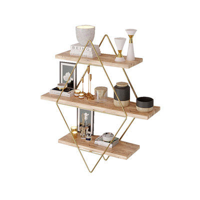 Tablette murale moderne, fabrication en bois massif, 23,6 po x 6,3 po x 23,6 po | Supports en métal, supportant jusqu'à 26,5 lb au total | Élégante couleur dorée et brune, conception géométrique unique | Parfait pour la décoration et l'organisation de la maison
