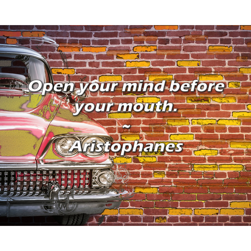 Citation artistique «Ouvrez votre esprit avant la bouche». Toile tendue par Aristophanes, H 18 po x l 13 po