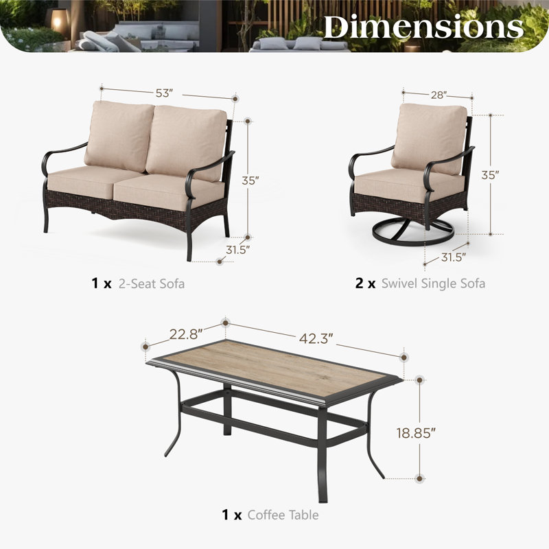 Ensemble de porche pour 4 personnes avec chaises longues pivotantes Salem