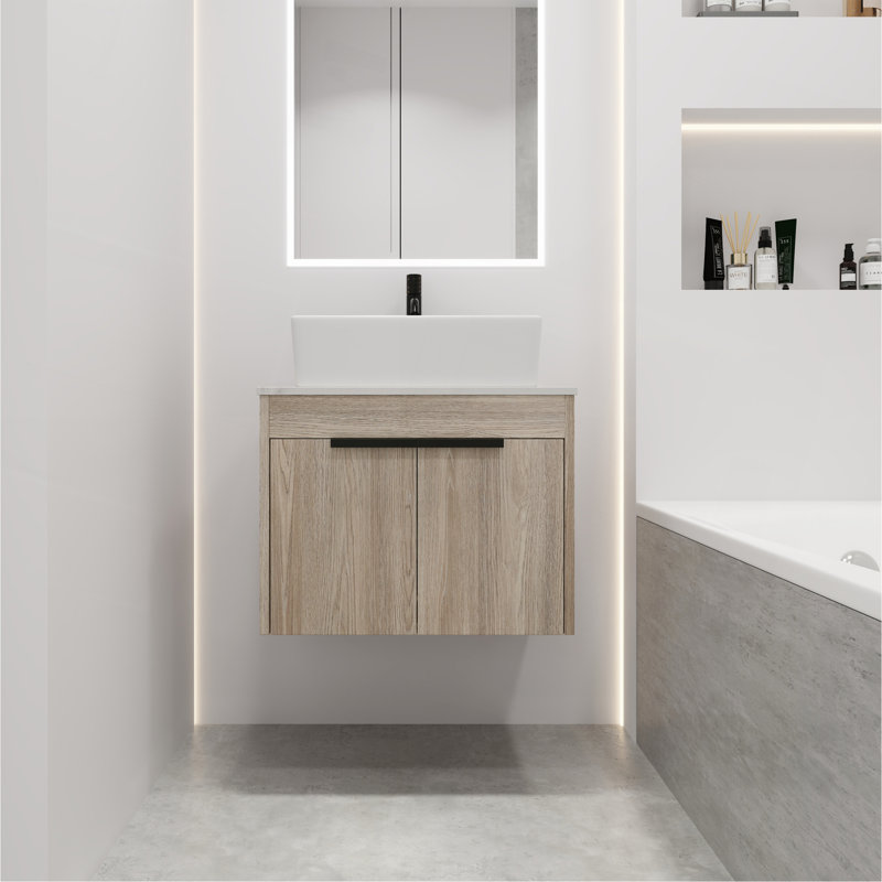 Ensemble de meuble-lavabo moderne 24 po avec lavabo en céramique, meuble-lavabo mural en chêne blanc avec porte à fermeture douce