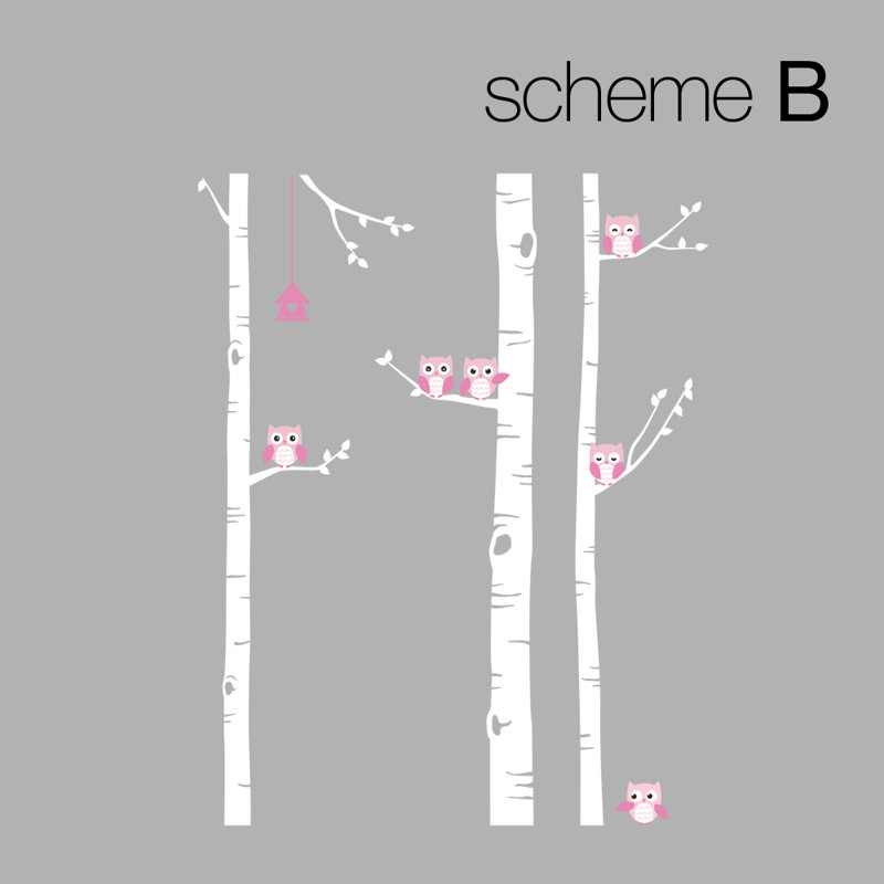 Décalcomanie murale arbre bouleau avec owls, H 96 po x l 67 po, Gris / blanc / rose