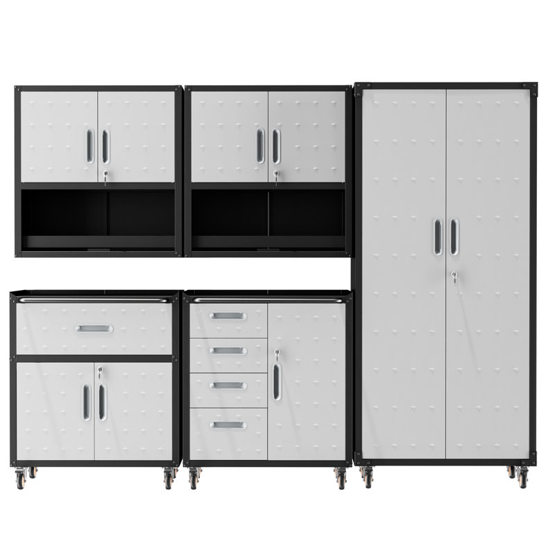 Ensemble de rangement pour garage 5 pièces : armoires métalliques à roulettes, 2 armoires murales, 2 armoires à roulettes, 1 armoire à panneaux perforés et 1 coffre à outils verrouillable.