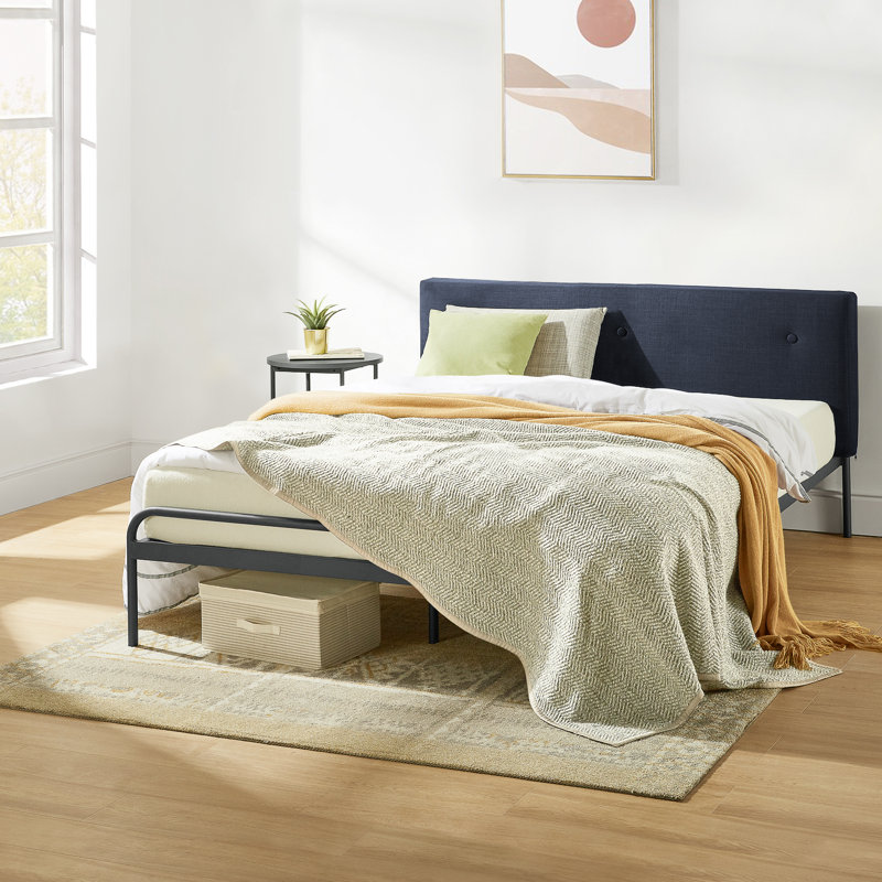 Maggie Upholstered Metal Platform Bed, Navy Blue, Full