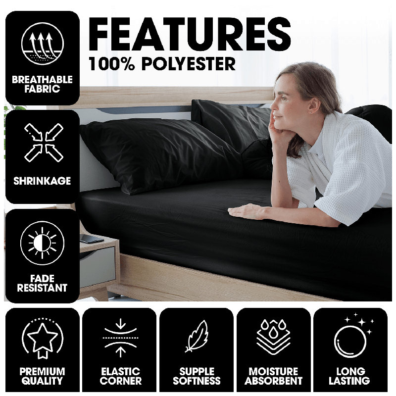 Super Dreamer Fitted Sheet Solid Colour - Polyester Single Double King Size Machine Washable High Quality Yarn Bed Set, Black