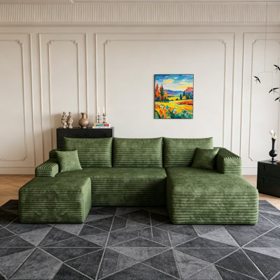 95" Green Chenille Cloud U-Shaped Sectional Sofa with Ottoman, Deep Seat, No Assembly