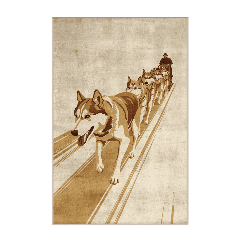 Soft Plush Edingworth Dog Sled Team Rustic Area Rug in Beige – Beige Binding, 2x4