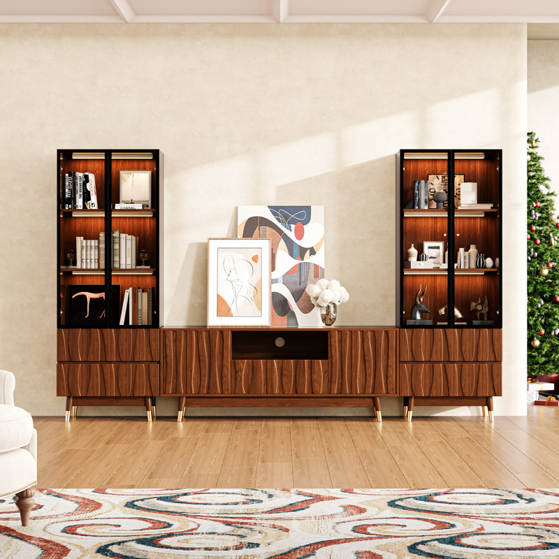103.1'' Walnut Finish Entertainment Center for Tvs up to 55" with Metal Legs and Lights, Mid-century Modern Wooden Media Console with Storage, TV Stand and Bookshelf for Living Room