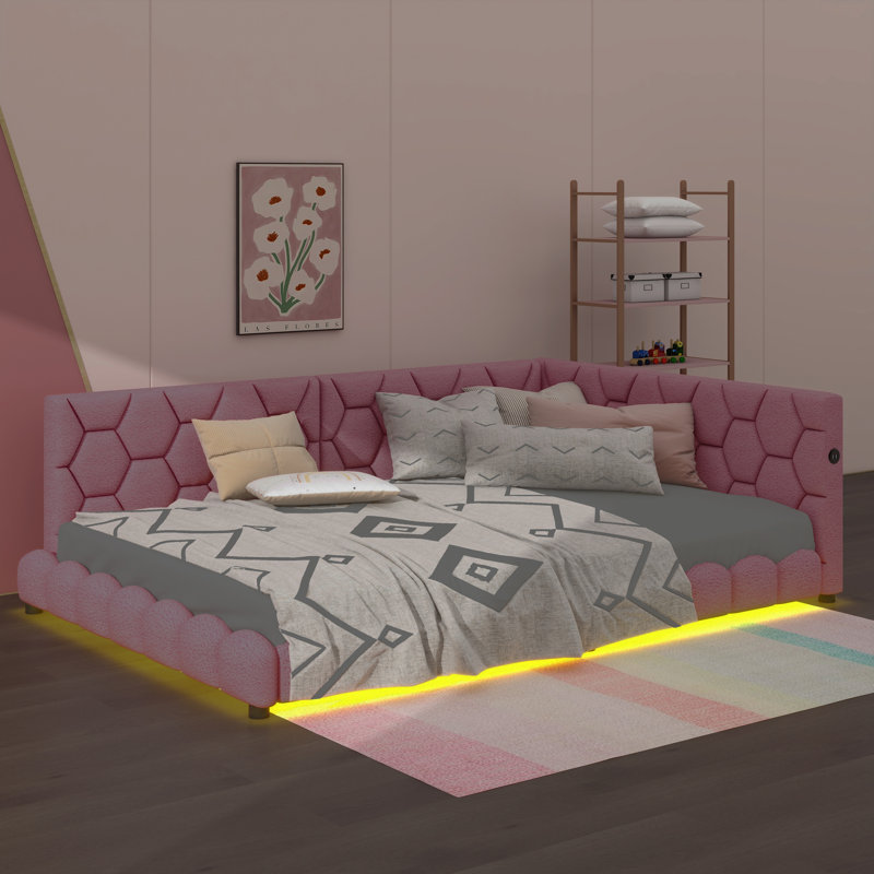 A Fully Upholstered Platform Bed In Full Size, Equipped With USB Ports And An LED Strip, Pink