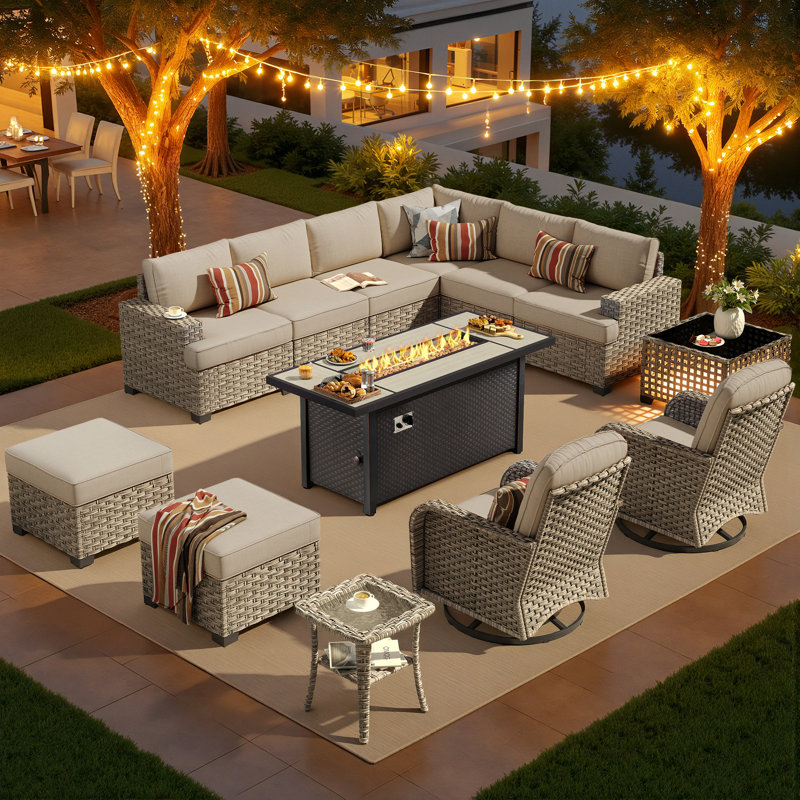 Carolle 13 Piece Patio Sectional Furniture With Swivel Rocking Chairs, Rattan Wicker Coversation Set With Glowing Coffee Table, Outdoor Sofa Set With Fire Pit For Outside Porch Balcony Backyard Pool