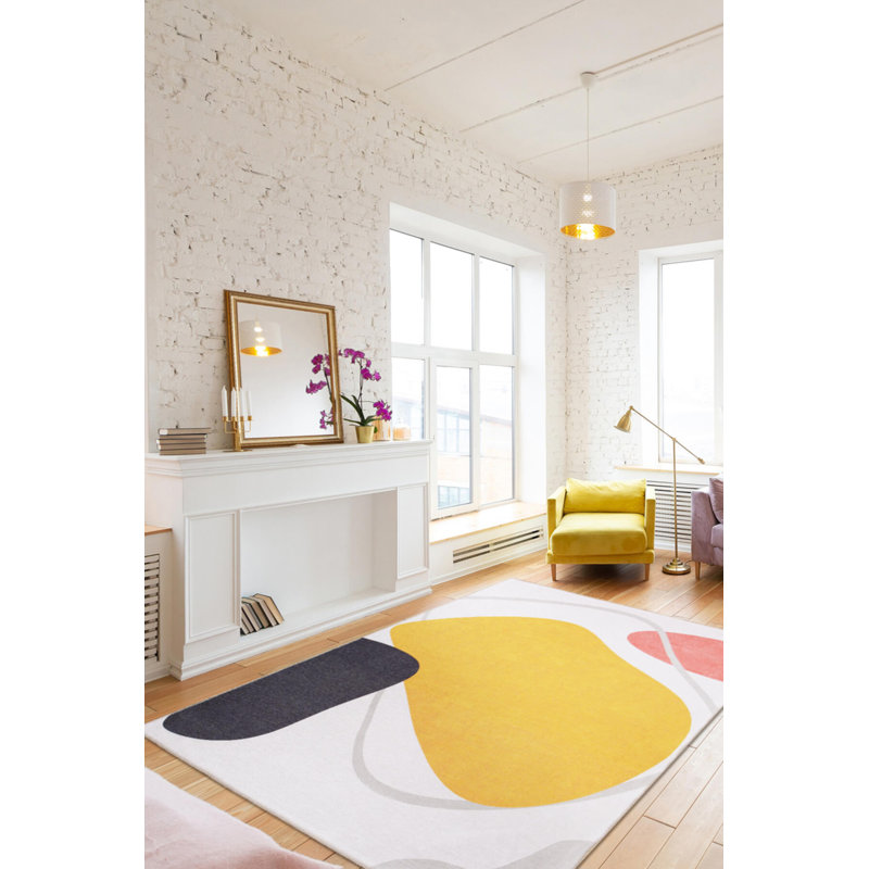Tapis décoratif jaune, beige, rouge, noir et géométrique, Tapis de couloir 2 pi 6 po x 7 pi 7 po