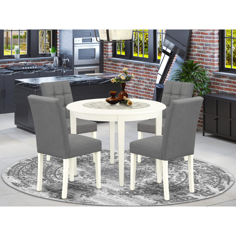 5 Piece Kitchen Table Set Includes A Dinner Table and 4 Platinum Gray Polyester Fabric Dining Chairs with Stylish Back- Linen White Finish