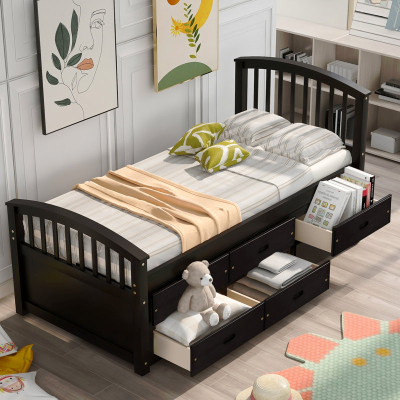 Lit plateforme simple en bois massif avec 6 tiroirs, Black