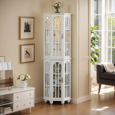 Corner Curio Cabinet With 4 Adjustable Tempered Glass Shelves And Lighting System, Solid Wood Legs,Acrylic Mirrored Back Panel