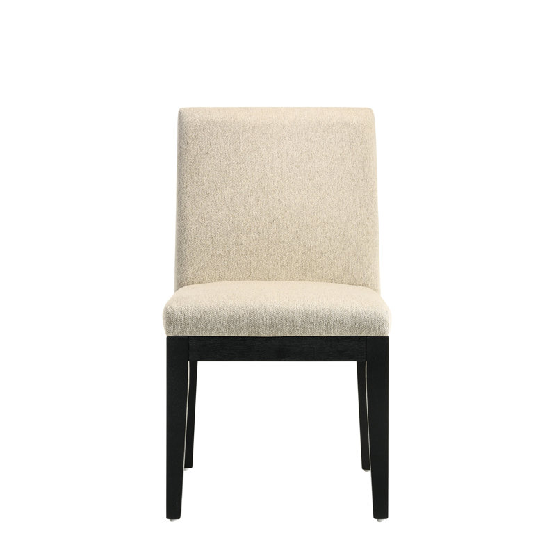 2 chaises de salle à manger rembourrées en tissu beige avec détails à finition noire et 2 pieds élégants