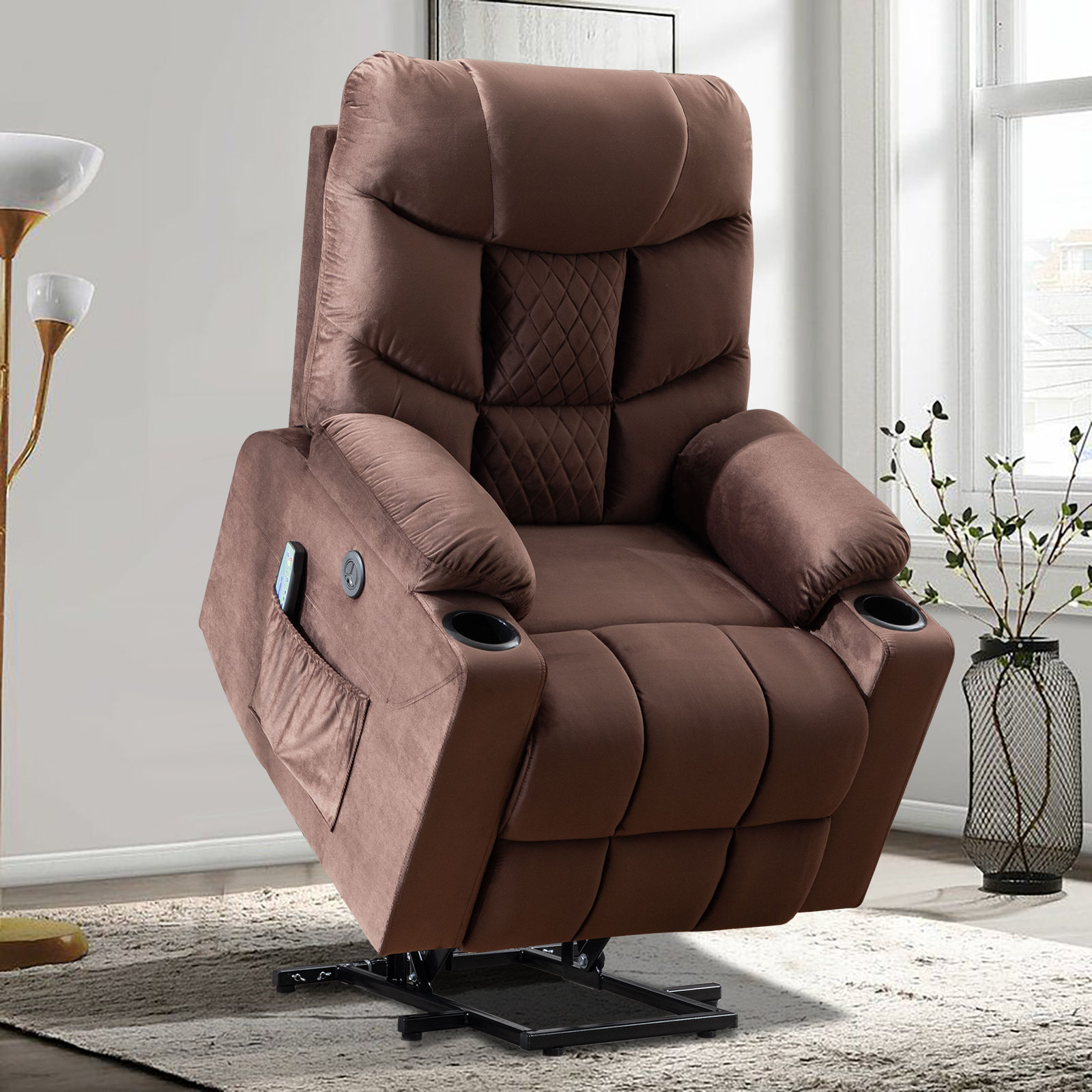 Power Lift Recliner Chair with Heat and Massage Home Theater Recliner, Pillow Included Latitude Run Upholstery Color: Brown